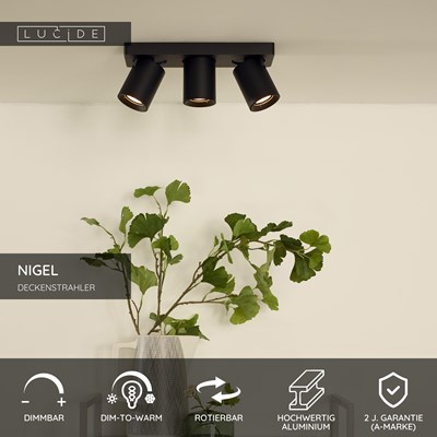 Lucide NIGEL - Deckenstrahler - LED Dim to warm - GU10 - 3x5W 2200K/3000K - Schwarz